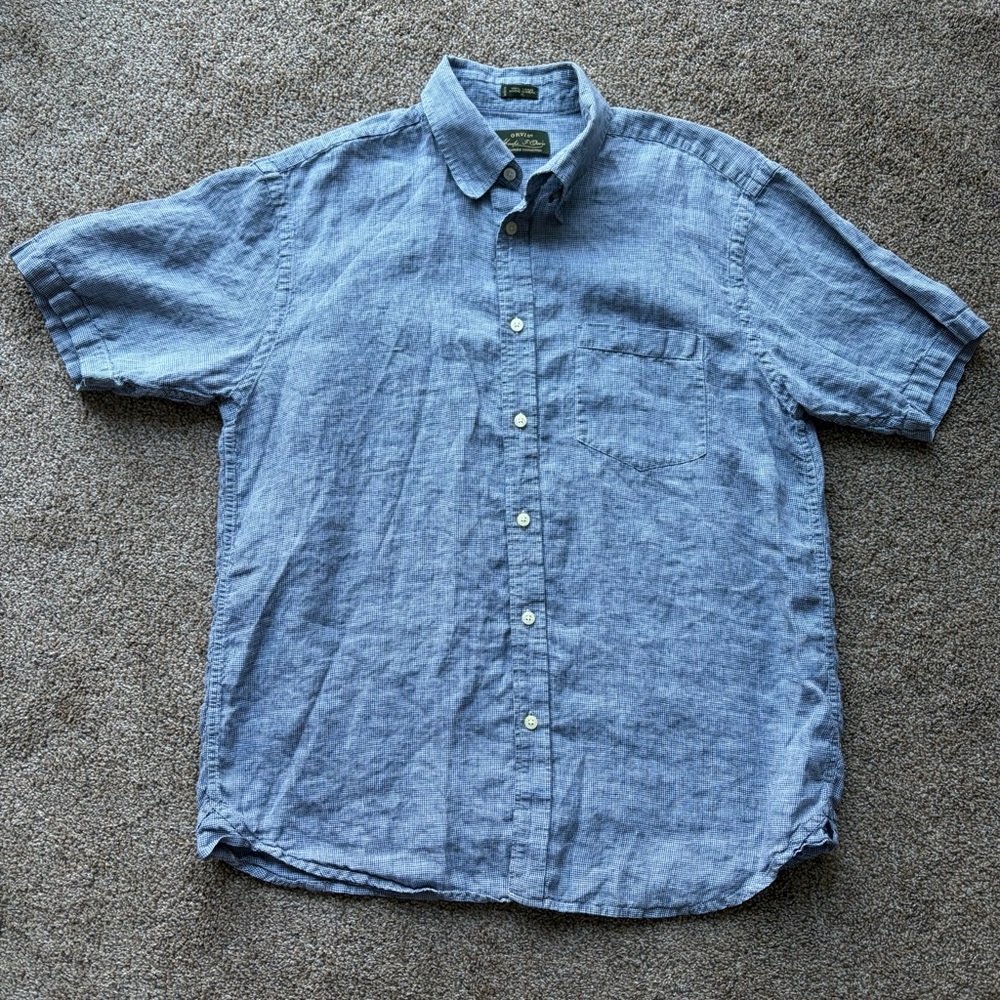 Orvis Signature Collection 100% Linen Light Blue Casual Button Down Shirt Men XL